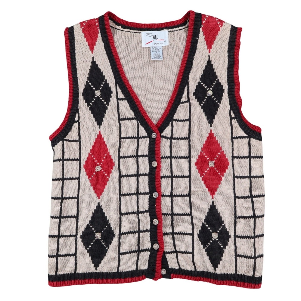 SML Sport Ltd Sweater Vest Womens M Vintage 1996 Argyle Knit Tan Red Black